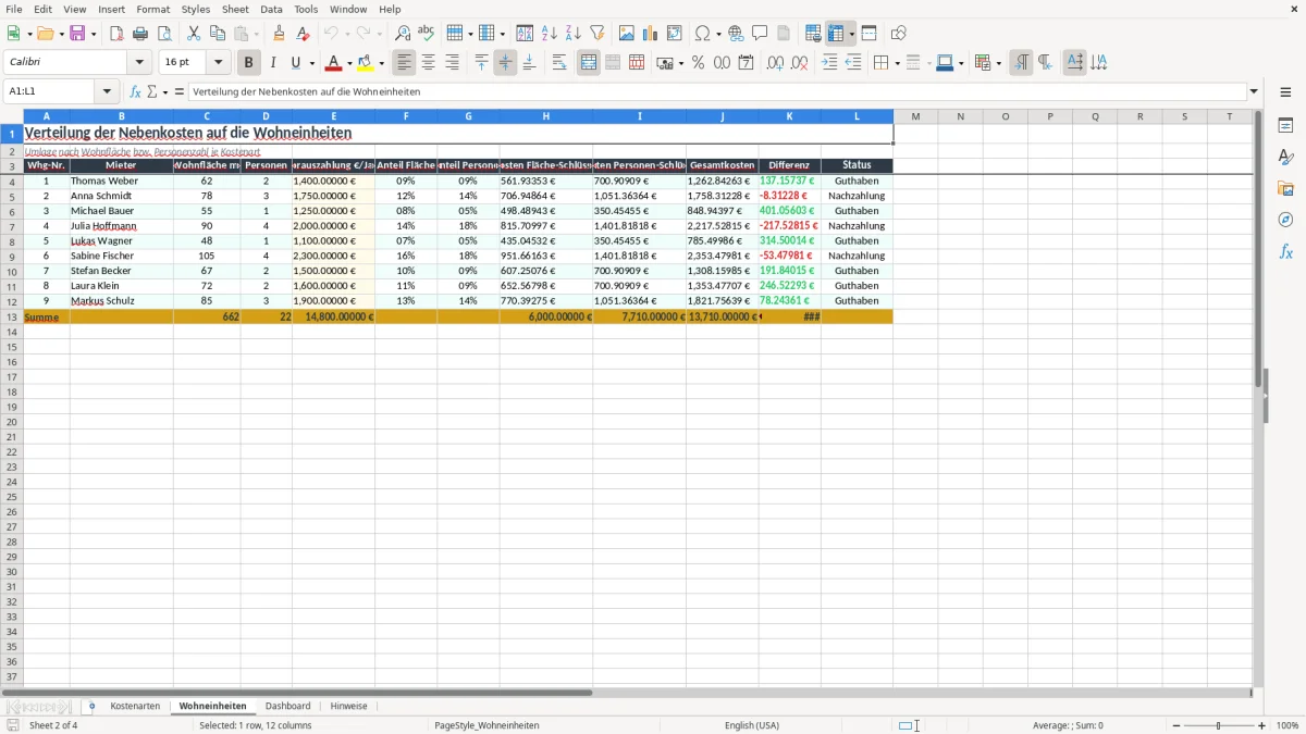 Screenshot 2: Arbeitsblatt Wohneinheiten - Excel-Vorlage nebenkostenabrechnung haus und grund excel