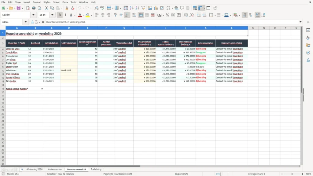 Huurdersoverzicht – Nebenkostenabrechnung Excel – Vorlage (2026)