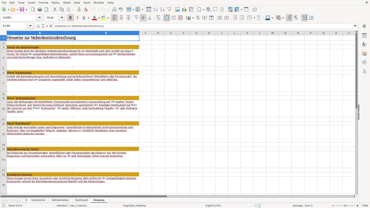 Screenshot 4: Arbeitsblatt Hinweise - Excel-Vorlage nebenkostenabrechnung haus und grund excel