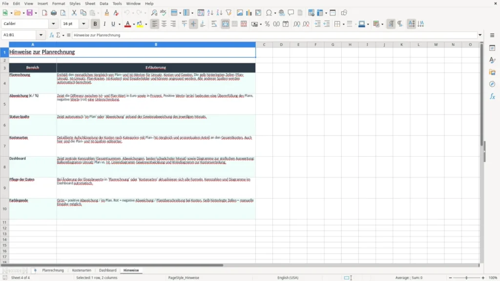Hinweise – Planrechnung Excel – Kostenlose Vorlage (2026)