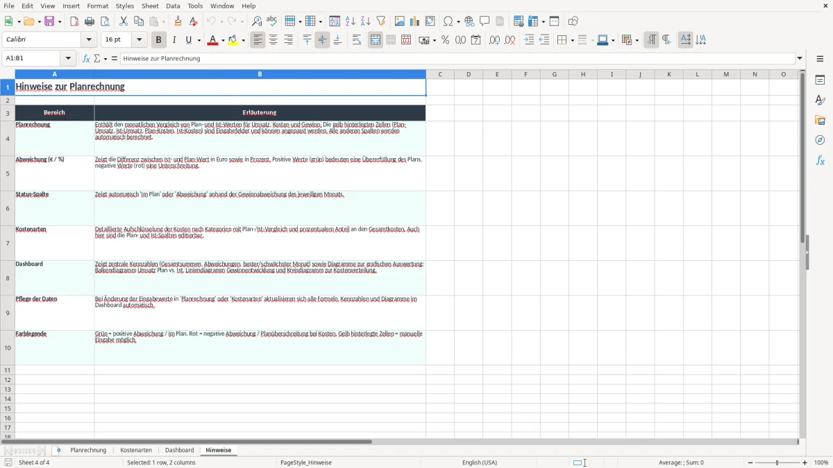 Screenshot 4: Arbeitsblatt Hinweise - Excel-Vorlage planrechnung excel