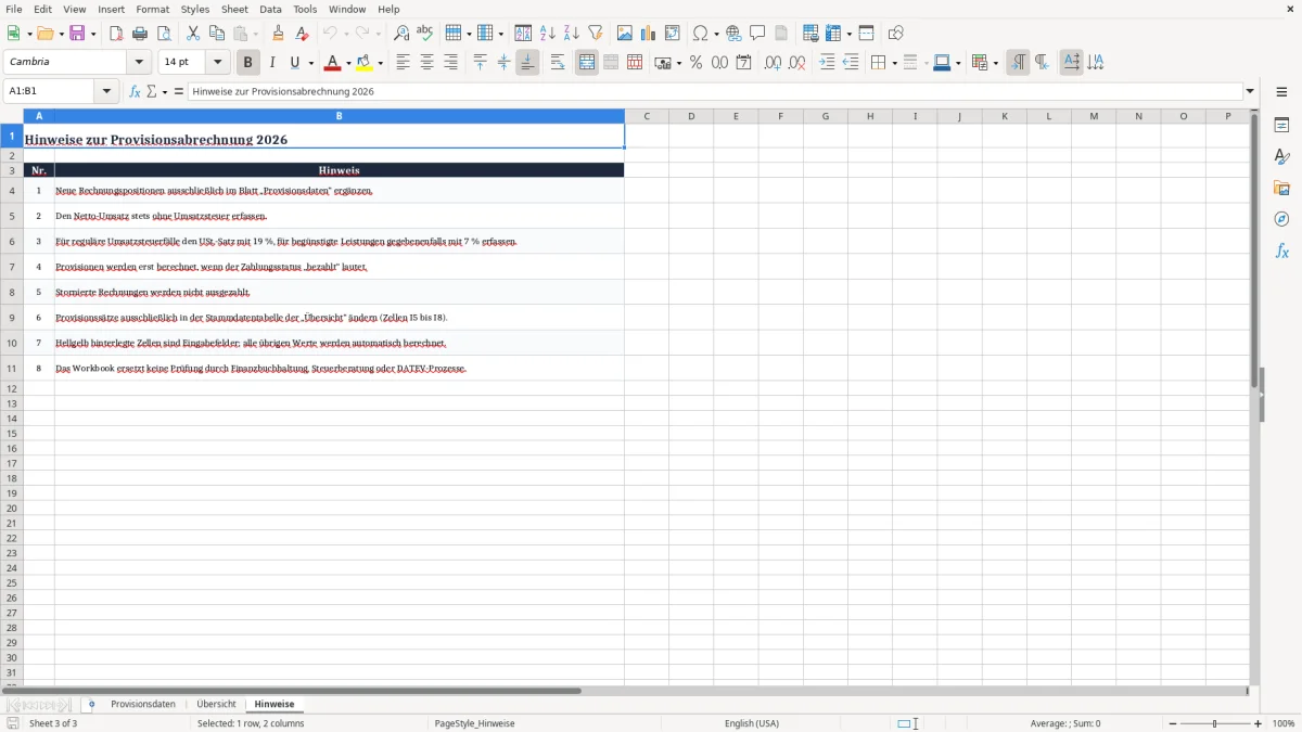 Screenshot 3: Arbeitsblatt Hinweise - Excel-Vorlage provisionsabrechnung excel