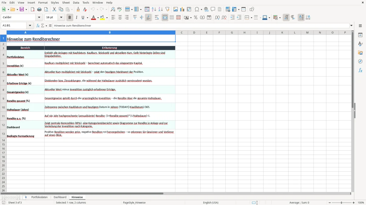 Screenshot 3: Arbeitsblatt Hinweise - Excel-Vorlage rendite berechnen excel