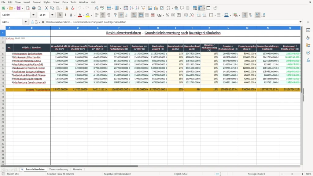 Immobiliendaten – Residualwertverfahren Excel – Kostenlose Vorlage (2026)