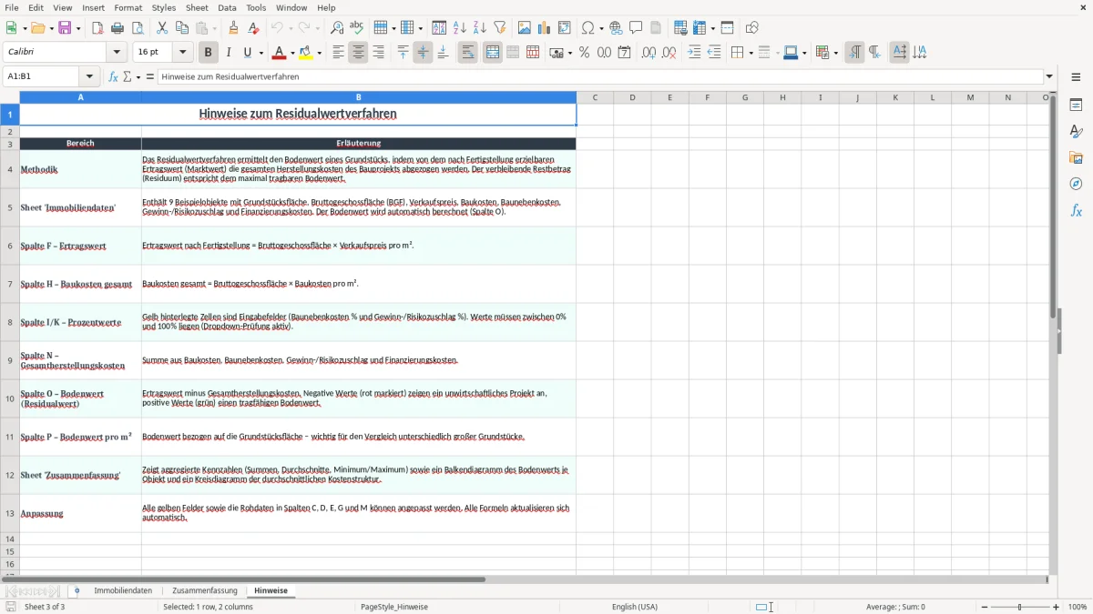 Screenshot 3: Arbeitsblatt Hinweise - Excel-Vorlage residualwertverfahren excel