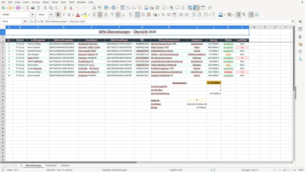 Überweisungen – SEPA Überweisung Excel – Kostenlose Vorlage (2026)