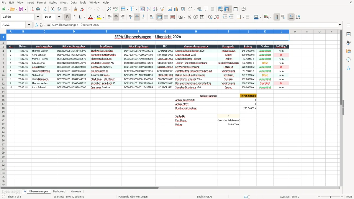 Screenshot 1: Arbeitsblatt Überweisungen - Excel-Vorlage sepa uberweisung excel
