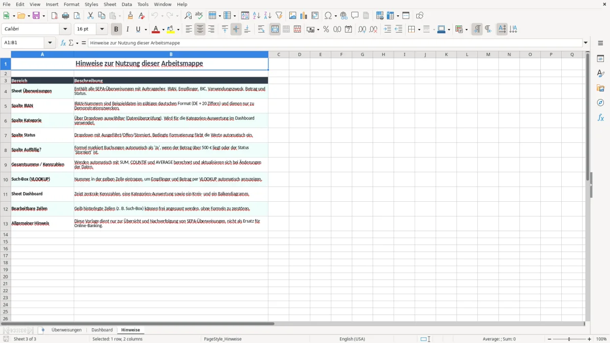 Screenshot 3: Arbeitsblatt Hinweise - Excel-Vorlage sepa uberweisung excel