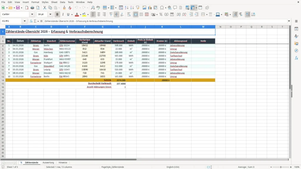 Zählerstände – Zählerstände Excel – Kostenlose Vorlage (2026)