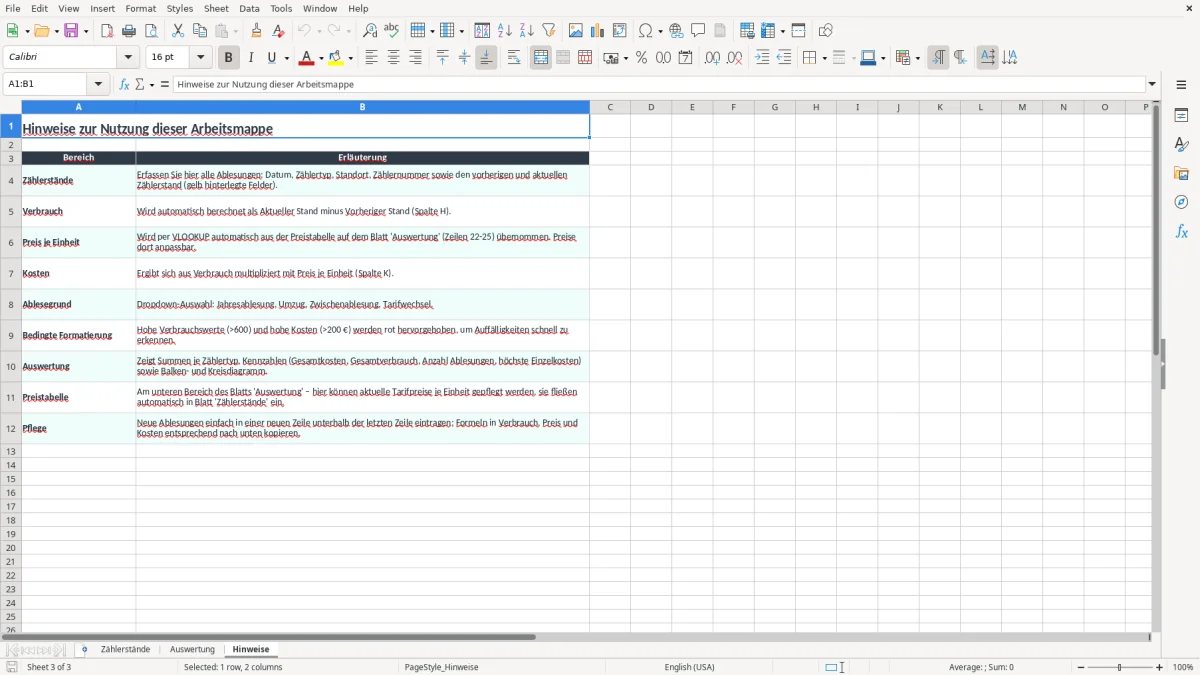 Screenshot 3: Arbeitsblatt Hinweise - Excel-Vorlage tabelle zahlerstande excel