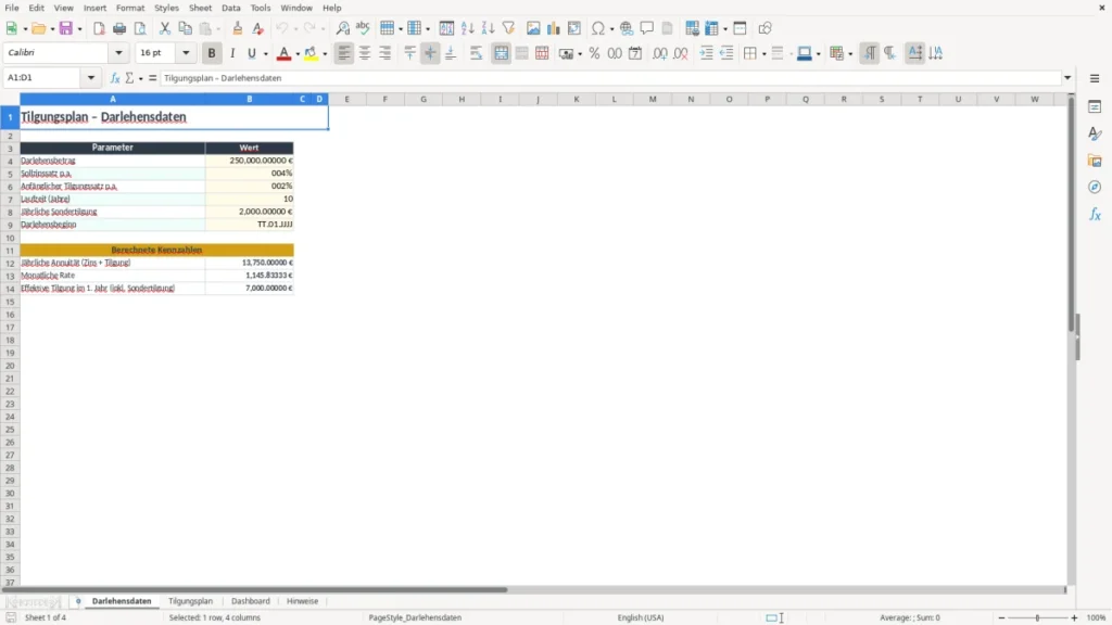 Darlehensdaten – Tilgungsplan Excel – Kostenlose Vorlage (2026)