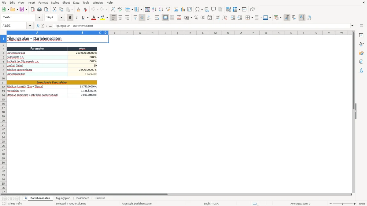 Screenshot 1: Arbeitsblatt Darlehensdaten - Excel-Vorlage tilgungsplan excel