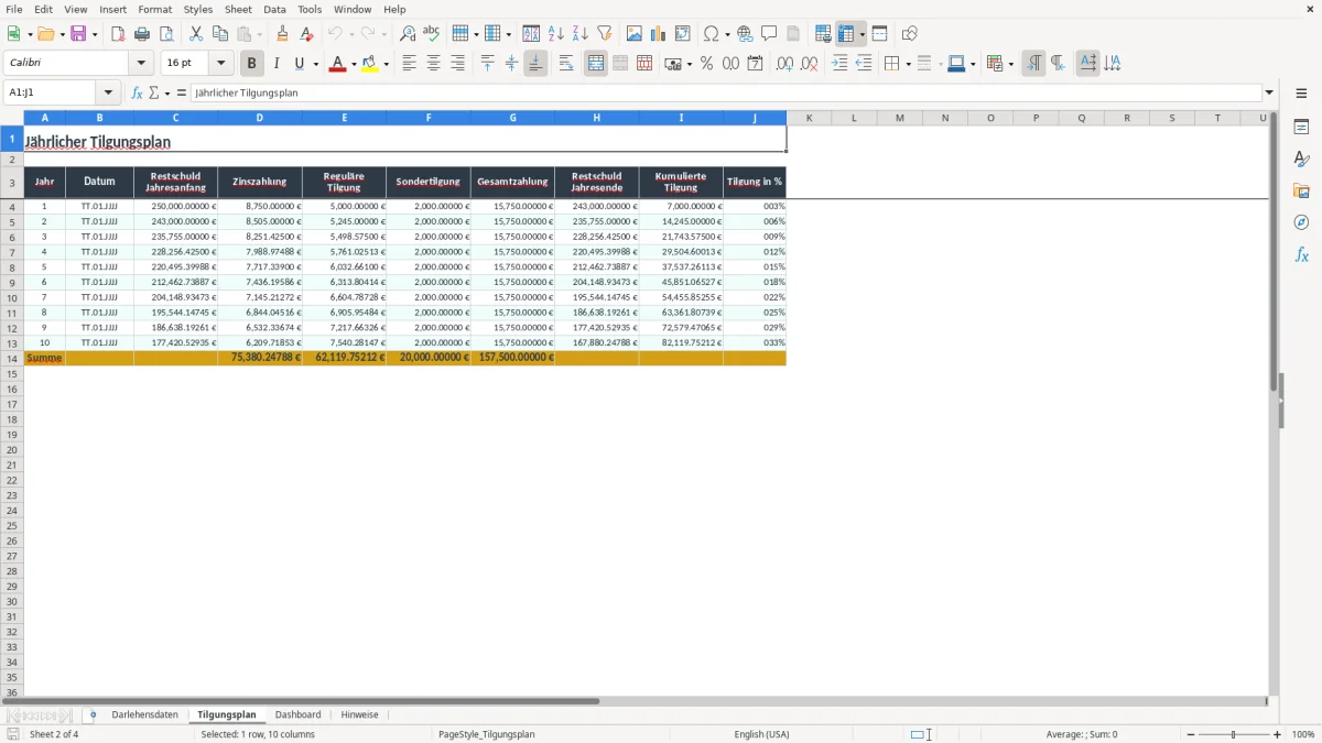 Screenshot 2: Arbeitsblatt Tilgungsplan - Excel-Vorlage tilgungsplan excel