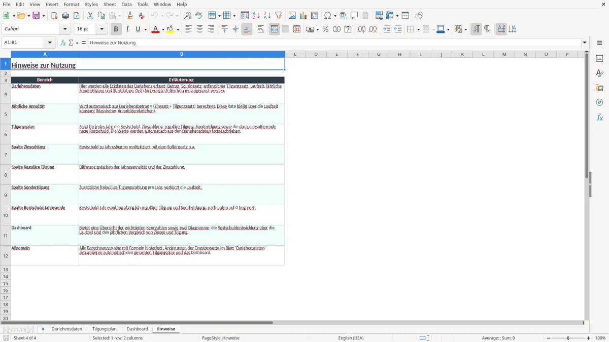 Screenshot 4: Arbeitsblatt Hinweise - Excel-Vorlage tilgungsplan excel