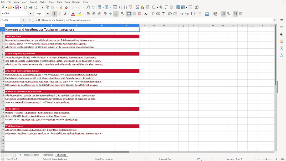 Screenshot 3: Arbeitsblatt Hinweise - Excel-Vorlage totalgewinnprognose excel