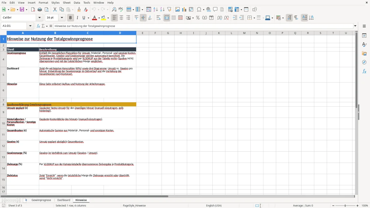 Screenshot 3: Arbeitsblatt Hinweise - Excel-Vorlage totalgewinnprognose excel