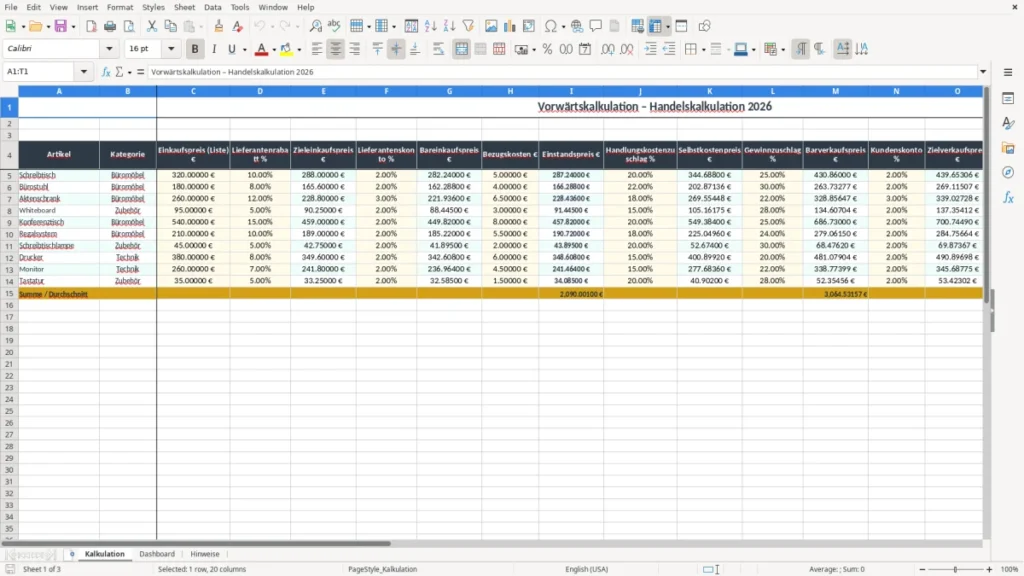 Kalkulation – Vorwärtskalkulation Excel – Kostenlose Vorlage (2026)