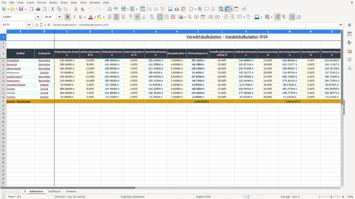 Screenshot 1: Arbeitsblatt Kalkulation - Excel-Vorlage vorwartskalkulation excel