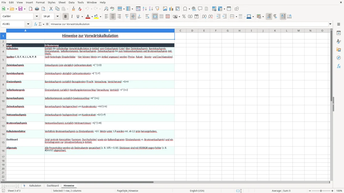Screenshot 3: Arbeitsblatt Hinweise - Excel-Vorlage vorwartskalkulation excel