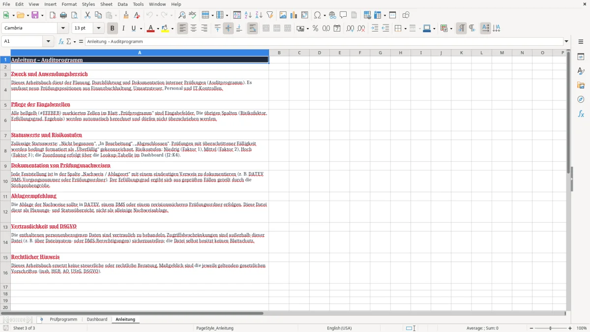 Screenshot 3: Arbeitsblatt Anleitung - Excel-Vorlage auditprogramm excel