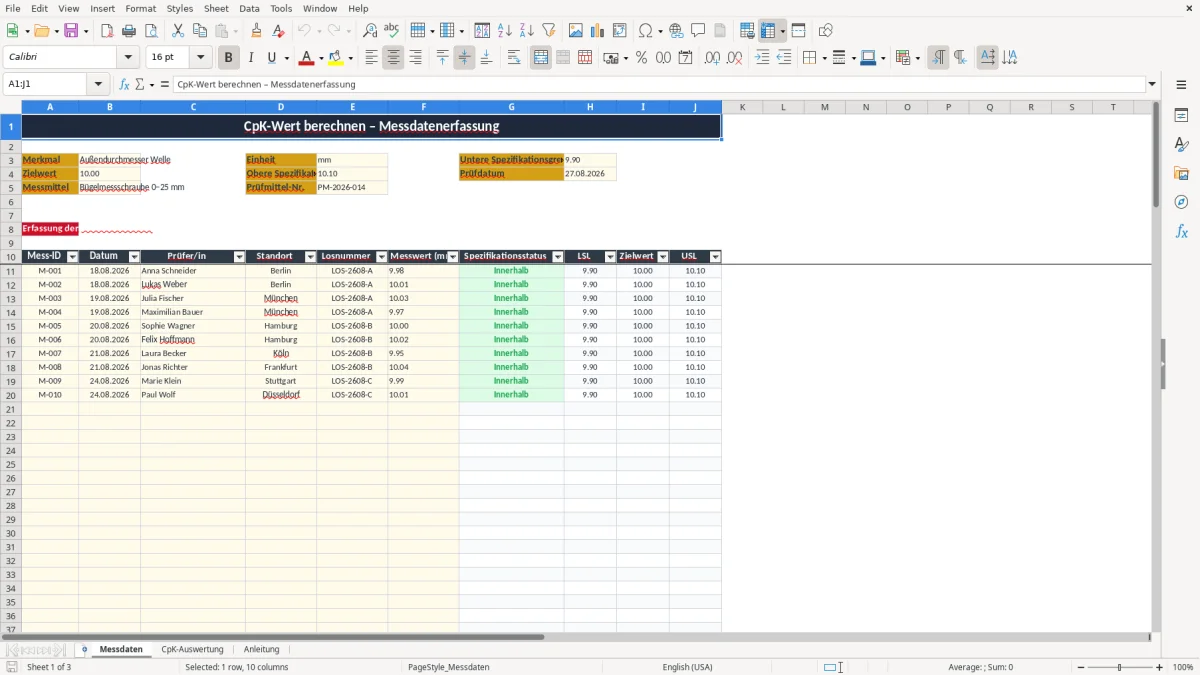 Screenshot 1: Arbeitsblatt Messdaten - Excel-Vorlage cpk wert berechnen excel