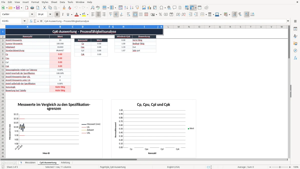 Screenshot 2: Arbeitsblatt CpK-Auswertung - Excel-Vorlage cpk wert berechnen excel