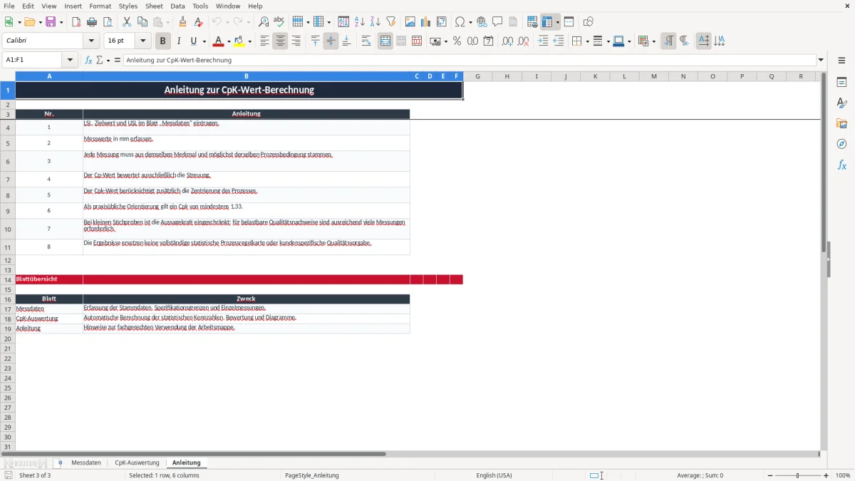 Screenshot 3: Arbeitsblatt Anleitung - Excel-Vorlage cpk wert berechnen excel