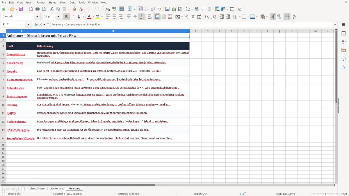 Screenshot 3: Arbeitsblatt Anleitung - Excel-Vorlage dienstfahrten mit privat pkw abrechnung excel
