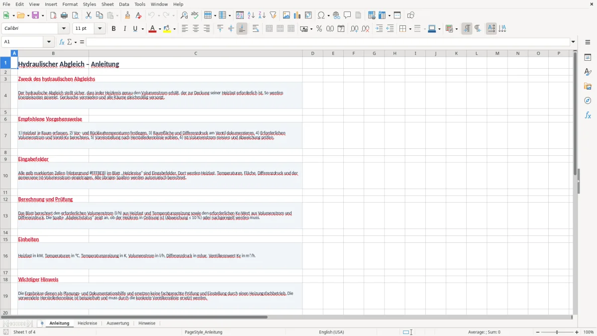 Screenshot 1: Arbeitsblatt Anleitung - Excel-Vorlage hydraulischer abgleich excel