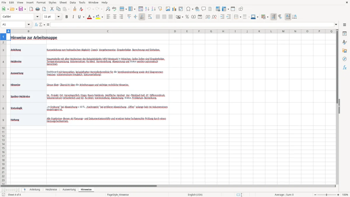 Screenshot 4: Arbeitsblatt Hinweise - Excel-Vorlage hydraulischer abgleich excel