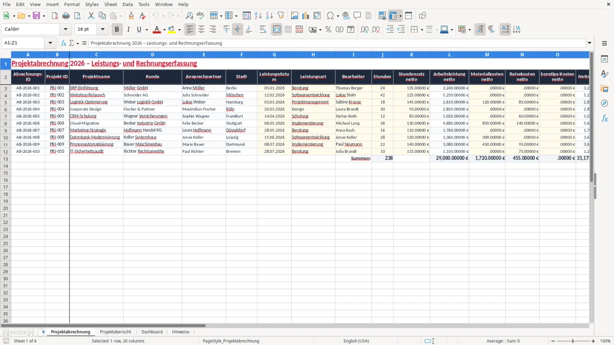 Screenshot 1: Arbeitsblatt Projektabrechnung - Excel-Vorlage projektabrechnung excel