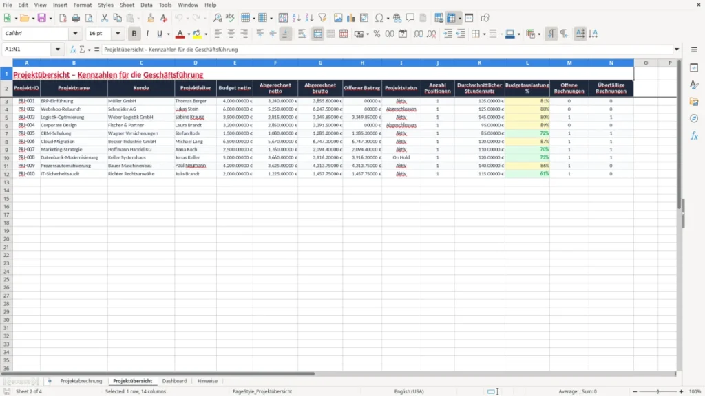 Projektübersicht – Projektabrechnung Excel Vorlage