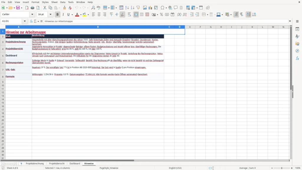 Hinweise – Projektabrechnung Excel Vorlage