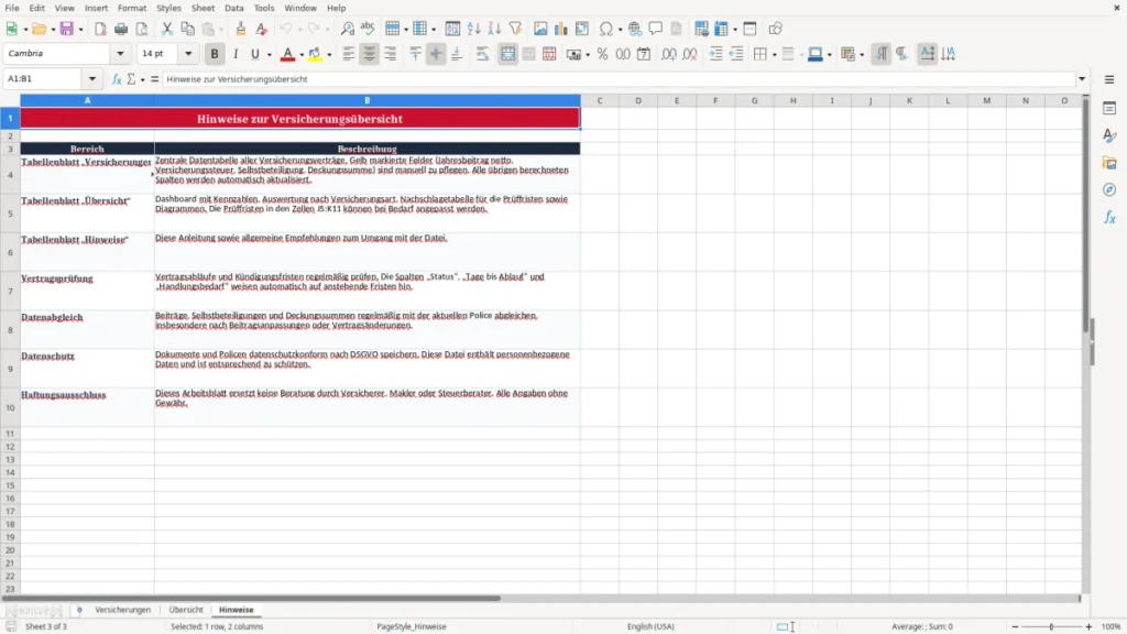 Hinweise – Versicherungsübersicht Excel-Vorlage