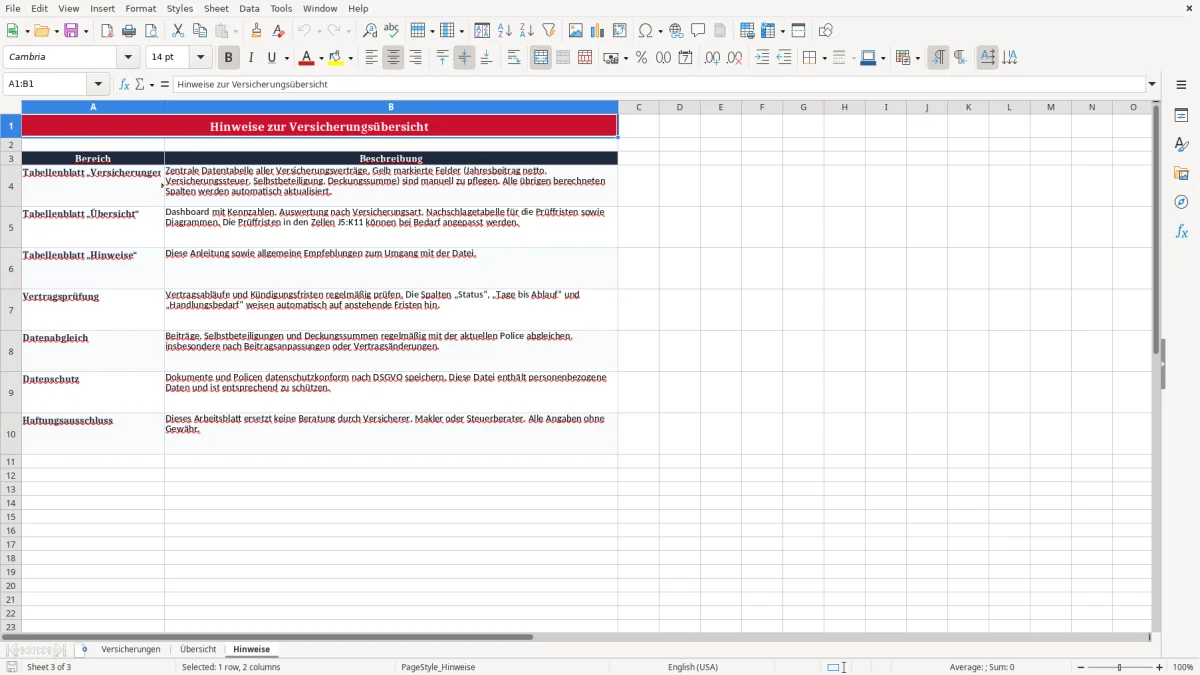 Screenshot 3: Arbeitsblatt Hinweise - Excel-Vorlage ubersicht versicherungen excel