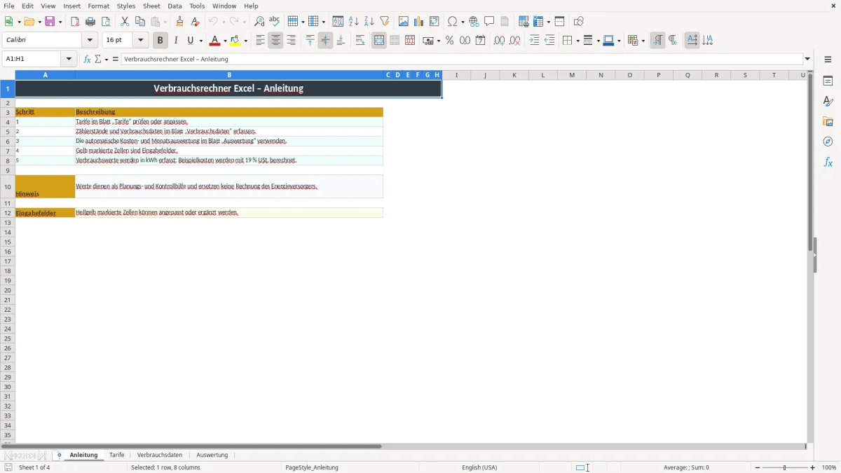Screenshot 1: Arbeitsblatt Anleitung - Excel-Vorlage verbrauchsrechner excel