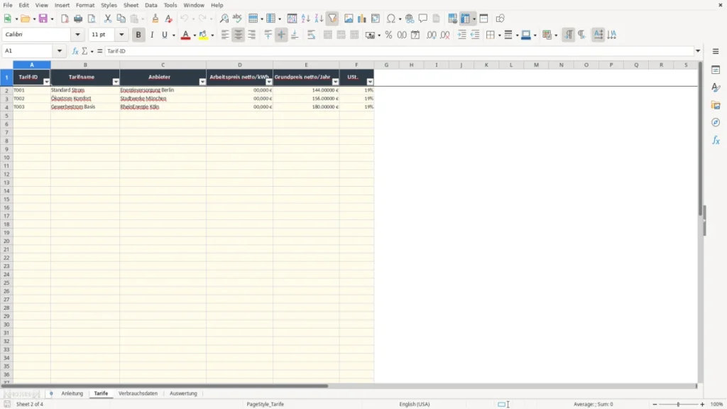 Tarife – Verbrauchsrechner Excel – Kostenlose Vorlage (2026)
