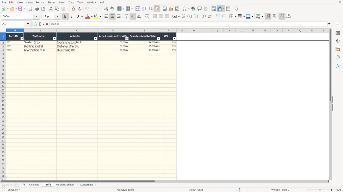 Screenshot 2: Arbeitsblatt Tarife - Excel-Vorlage verbrauchsrechner excel