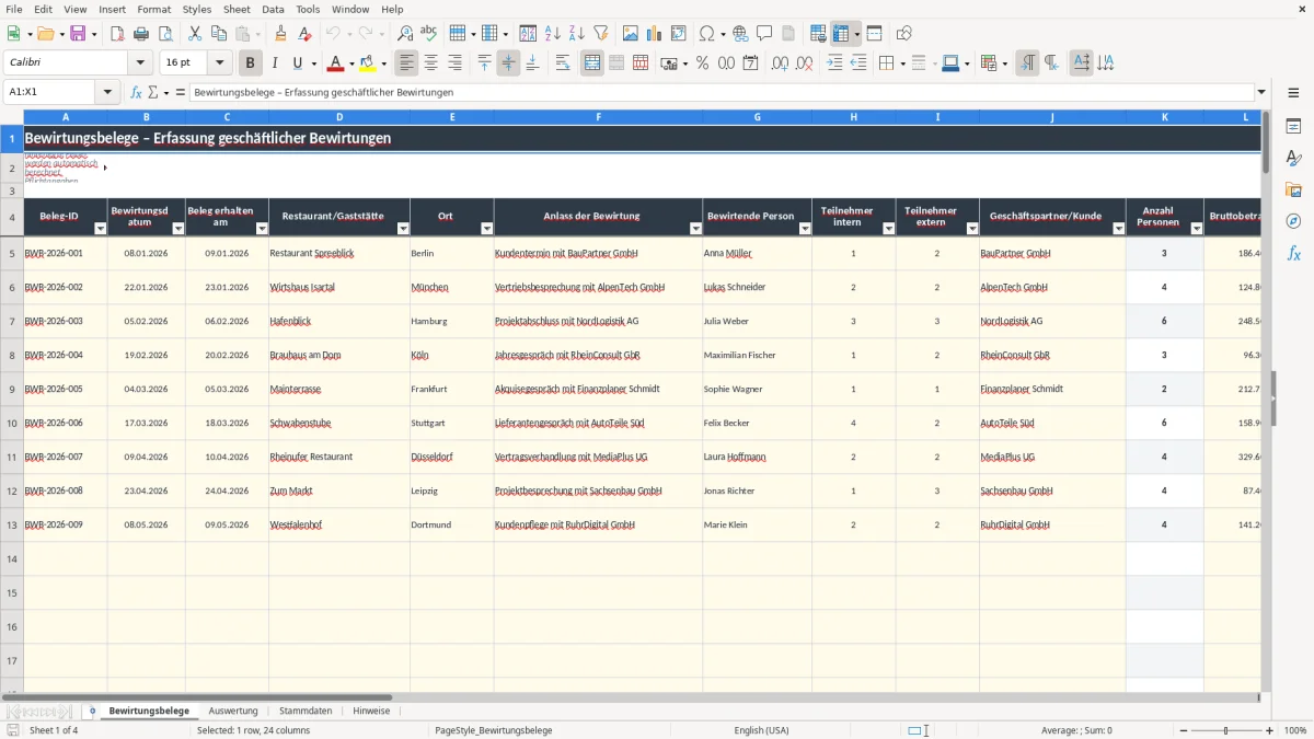 Screenshot 1: Arbeitsblatt Bewirtungsbelege - Excel-Vorlage bewirtungsbeleg excel