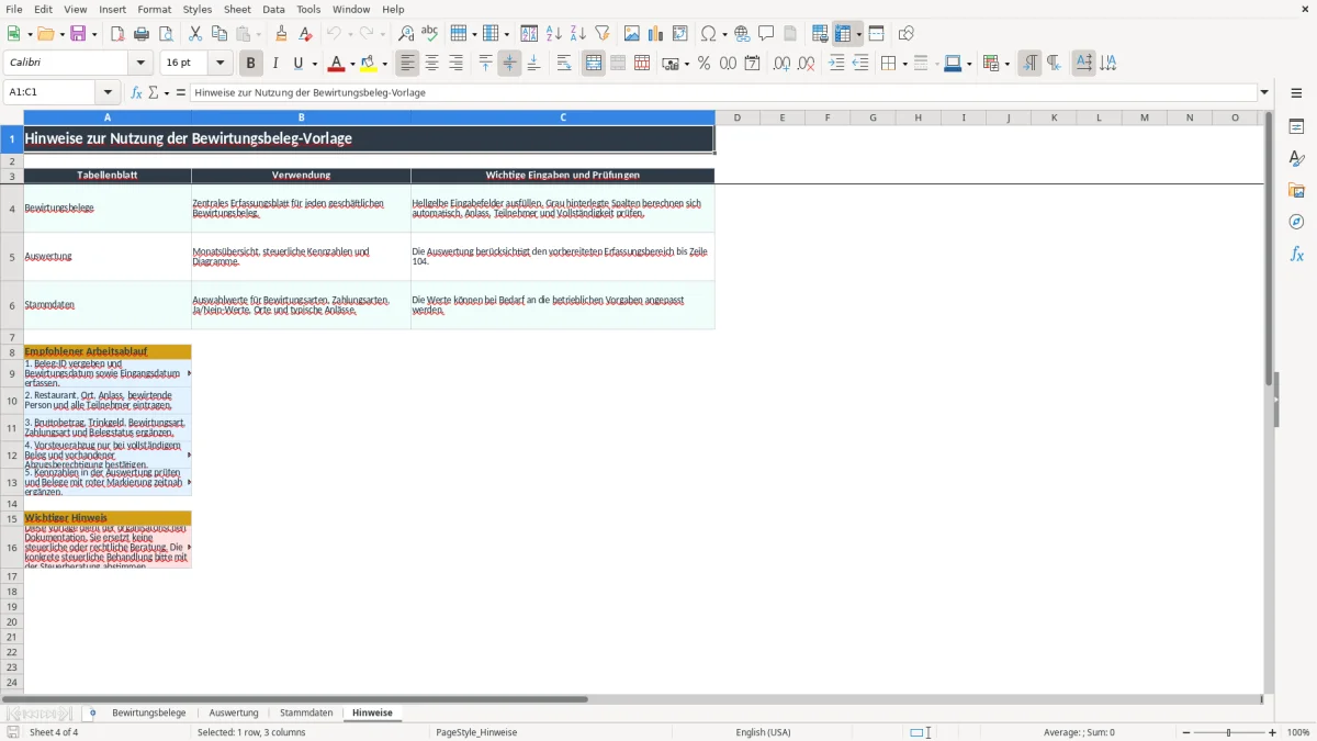 Screenshot 4: Arbeitsblatt Hinweise - Excel-Vorlage bewirtungsbeleg excel