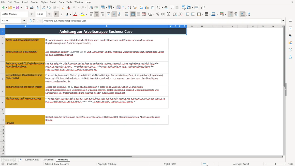 Screenshot 3: Arbeitsblatt Anleitung - Excel-Vorlage business case excel