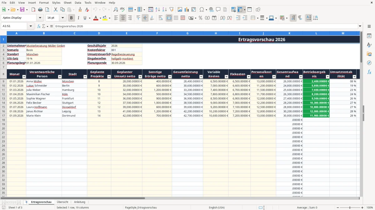 Screenshot 1: Arbeitsblatt Ertragsvorschau - Excel-Vorlage ertragsvorschau excel