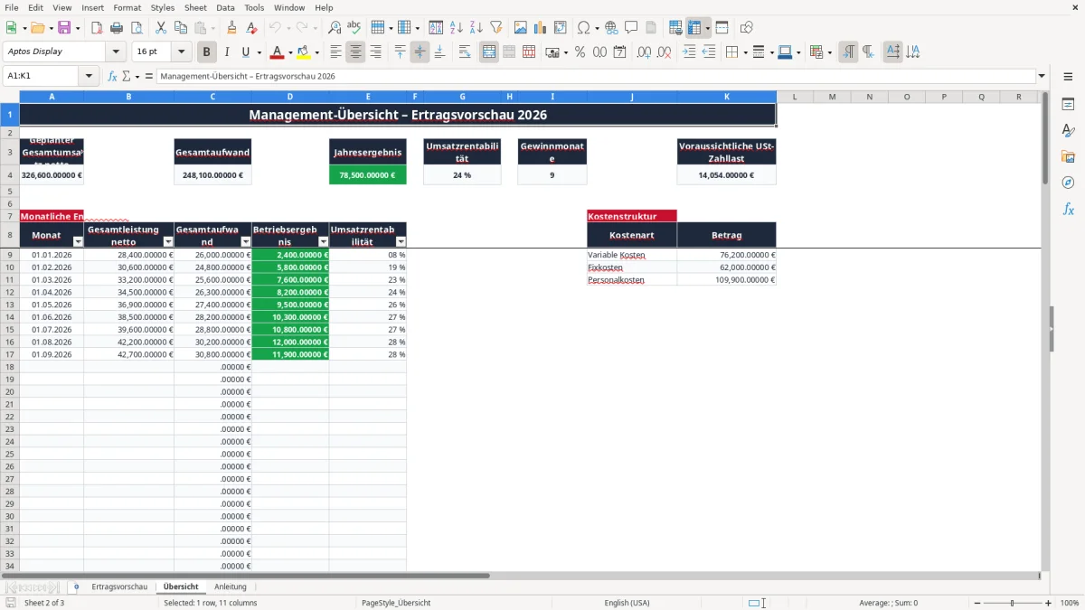 Screenshot 2: Arbeitsblatt Übersicht - Excel-Vorlage ertragsvorschau excel