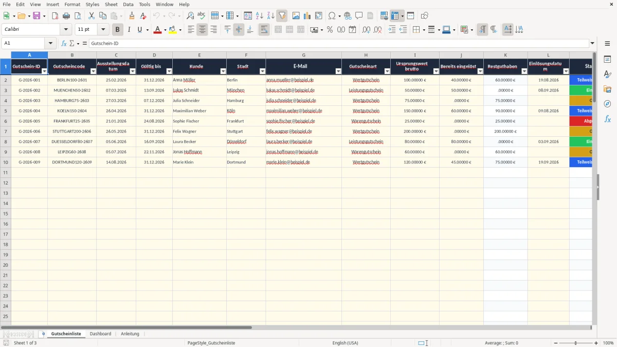 Screenshot 1: Arbeitsblatt Gutscheinliste - Excel-Vorlage gutscheinliste excel