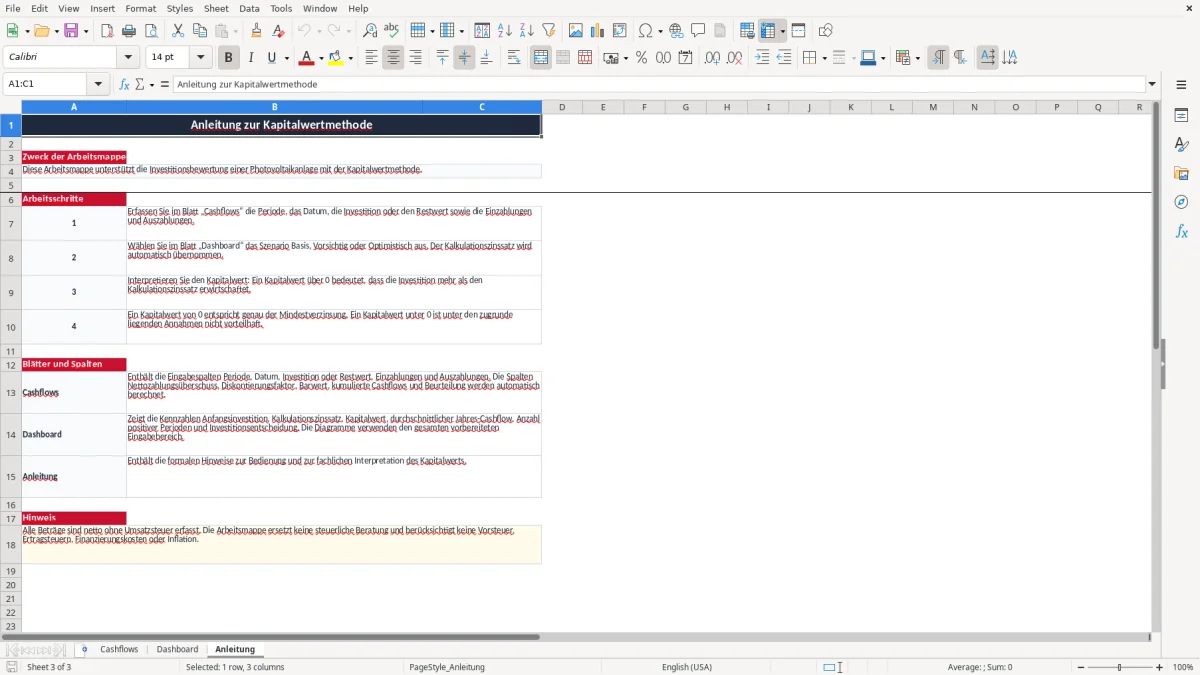 Screenshot 3: Arbeitsblatt Anleitung - Excel-Vorlage kapitalwertmethode excel