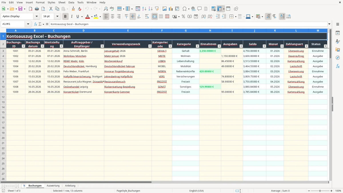 Screenshot 1: Arbeitsblatt Buchungen - Excel-Vorlage kontoauszug excel