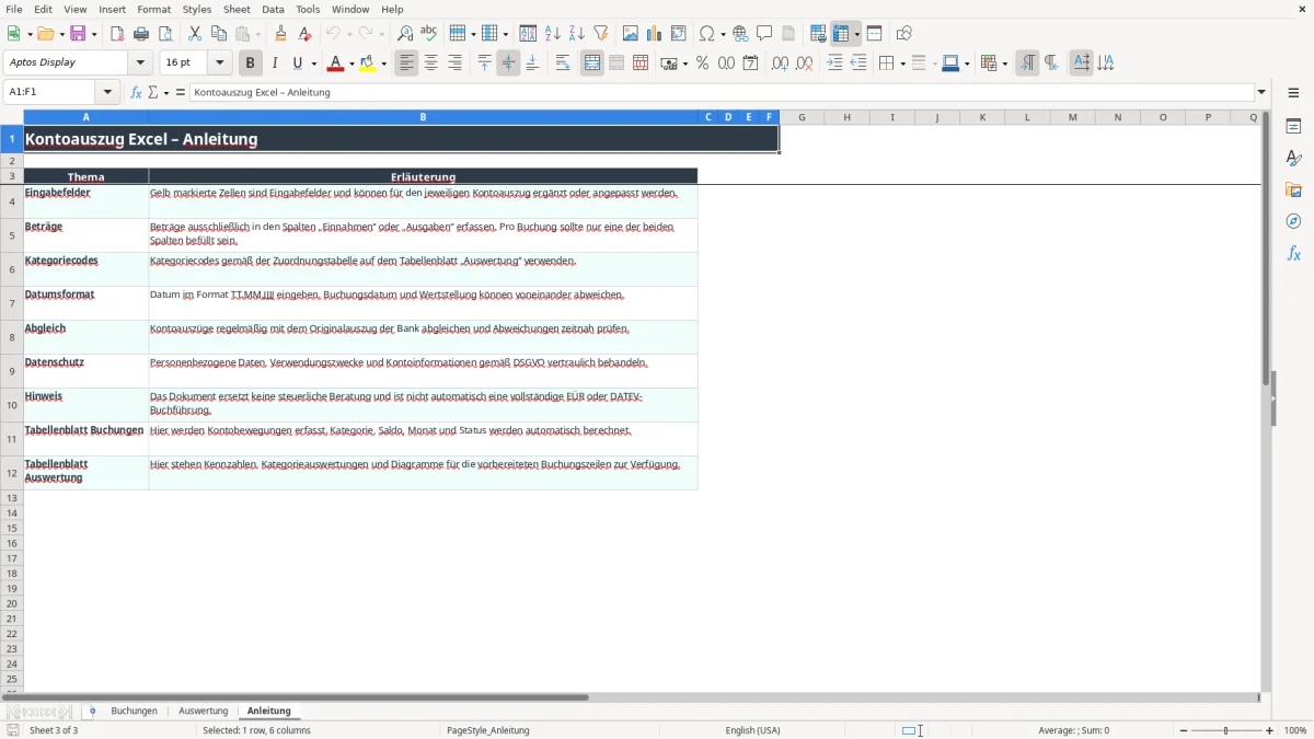 Screenshot 3: Arbeitsblatt Anleitung - Excel-Vorlage kontoauszug excel