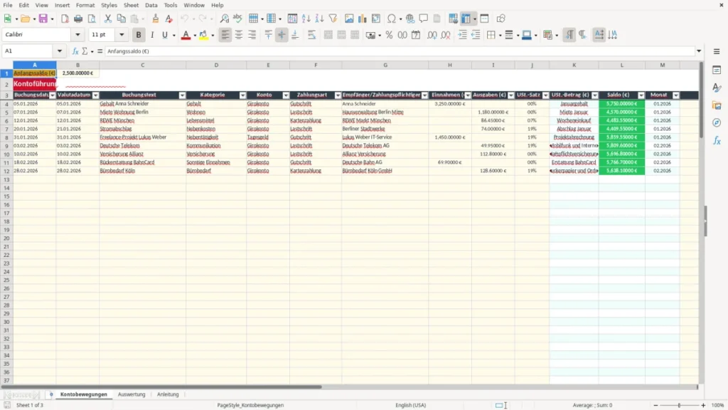 Kontobewegungen – Kontoführung Excel – Kostenlose Vorlage (2026)