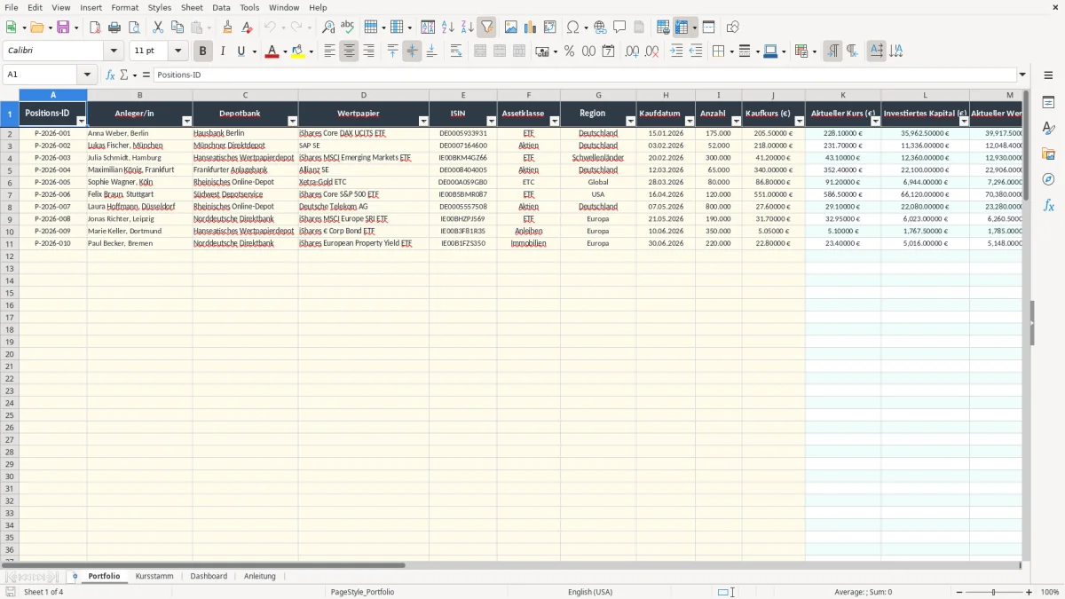 Screenshot 1: Arbeitsblatt Portfolio - Excel-Vorlage portfolio excel