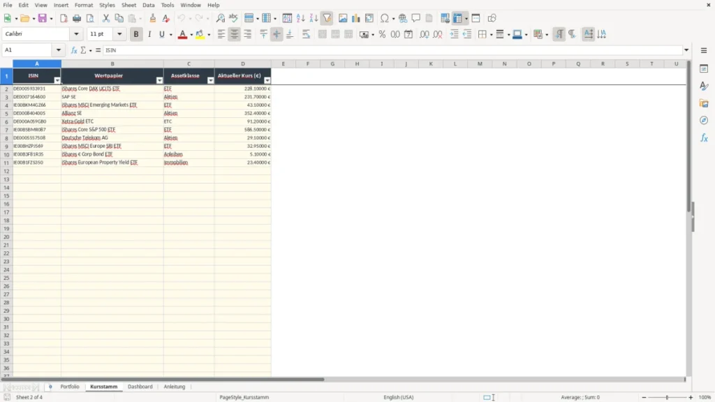 Kursstamm – Portfolio Excel – Kostenlose Vorlage (2026)